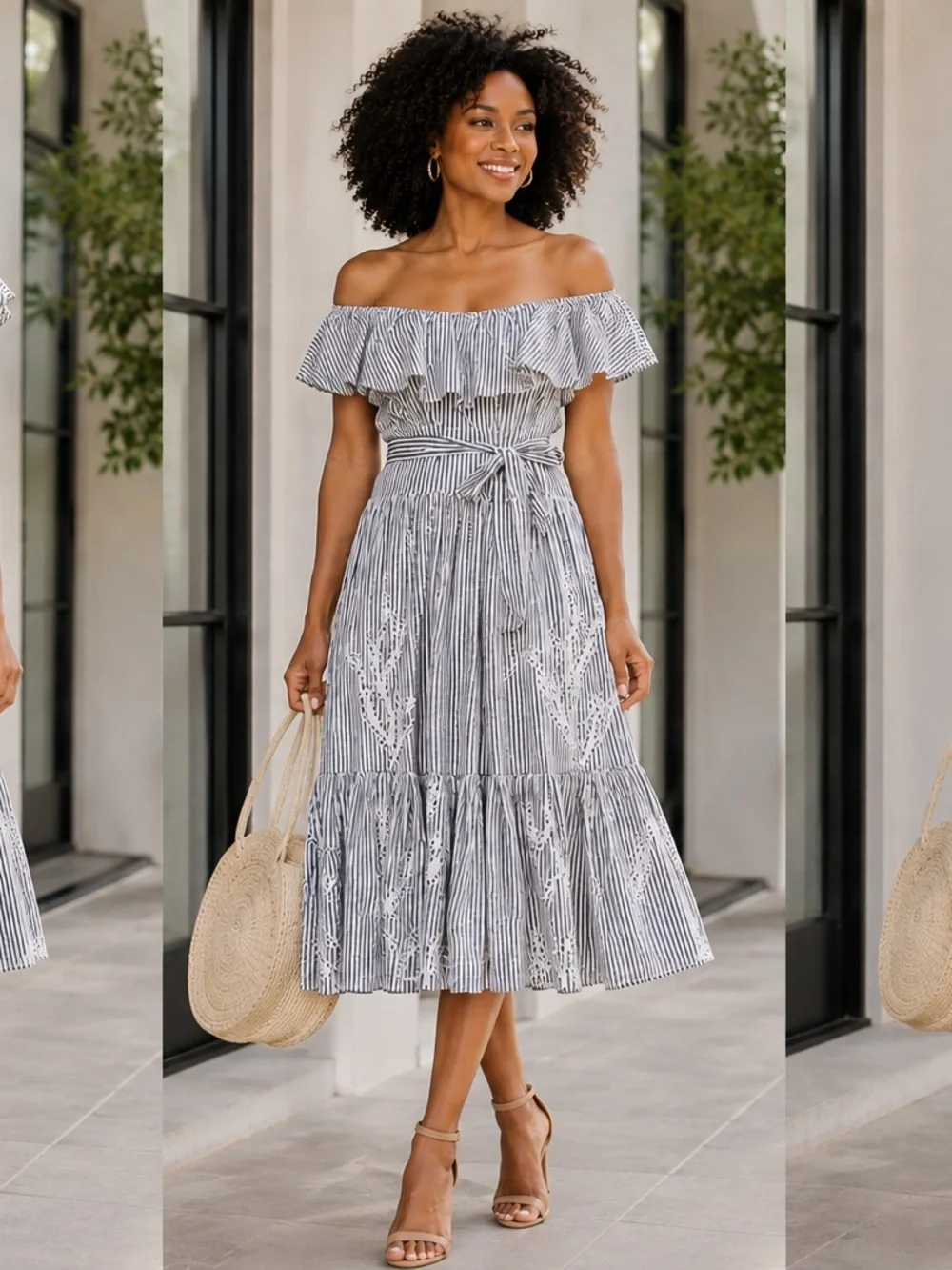 Tory Burch Gray & White Embroidered Cotton Midi Dress NWOT